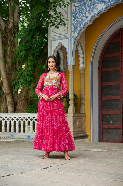 Pink Bandhani Print Work With Kutchi Patchework Navratri Gown