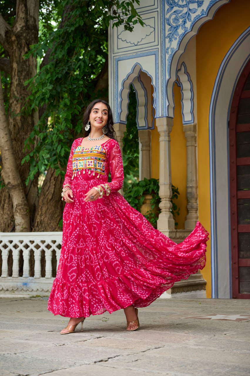 Pink Bandhani Print Work With Kutchi Patchework Navratri Gown