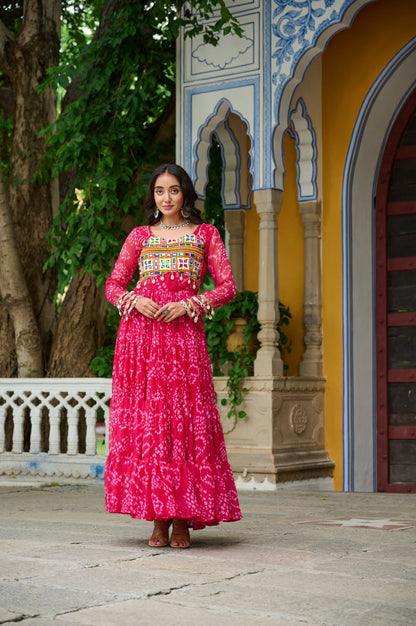 Pink Bandhani Print Work With Kutchi Patchework Navratri Gown