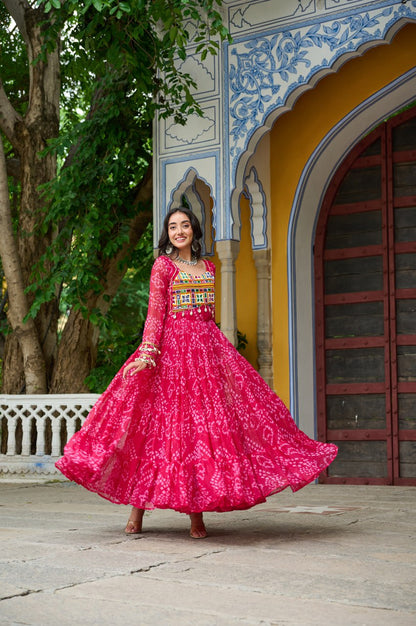 Pink Bandhani Print Work With Kutchi Patchework Navratri Gown