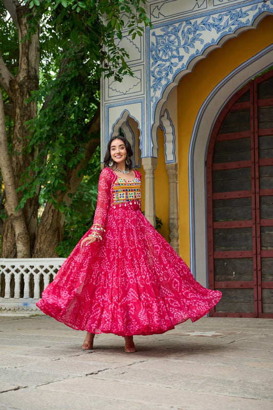 Pink Bandhani Print Work With Kutchi Patchework Navratri Gown