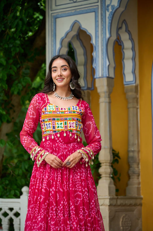 Pink Bandhani Print Work With Kutchi Patchework Navratri Gown