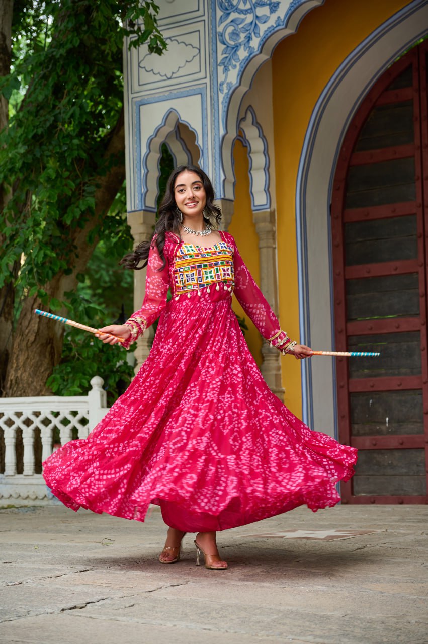 Pink Bandhani Print Work With Kutchi Patchework Navratri Gown