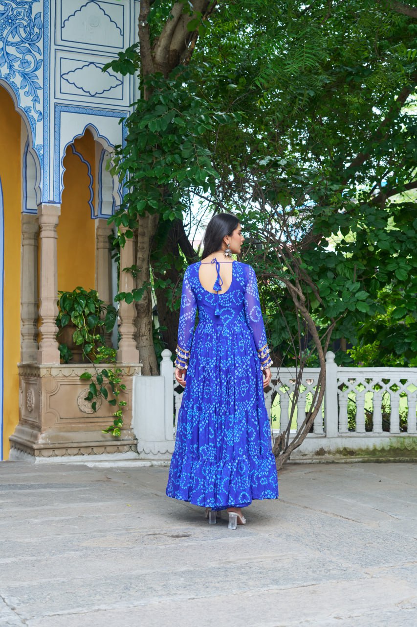 Blue Bandhani Print Work With Kutchi Patchework Navratri Gown