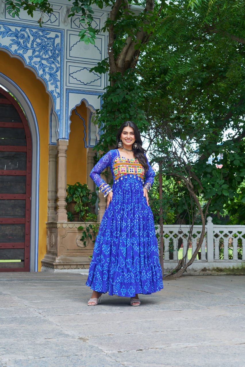 Blue Bandhani Print Work With Kutchi Patchework Navratri Gown