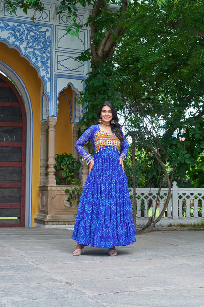 Blue Bandhani Print Work With Kutchi Patchework Navratri Gown