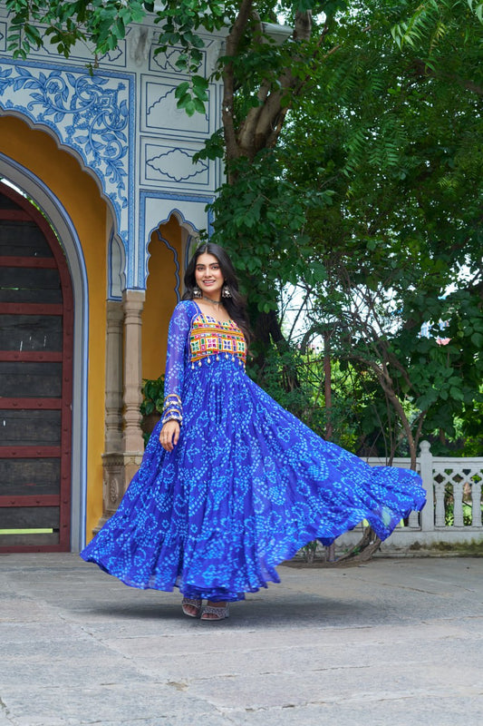 Blue Bandhani Print Work With Kutchi Patchework Navratri Gown