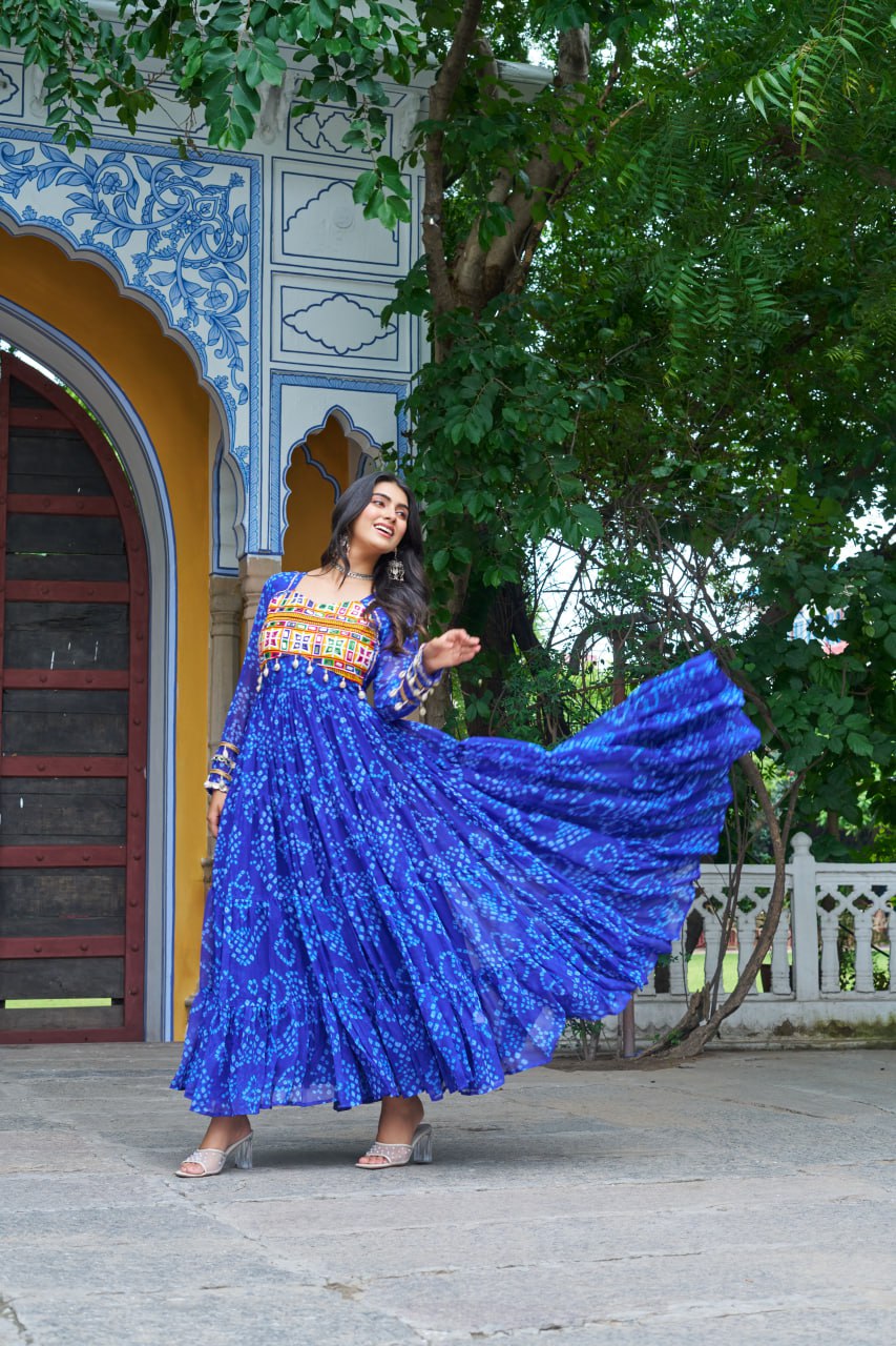 Blue Bandhani Print Work With Kutchi Patchework Navratri Gown