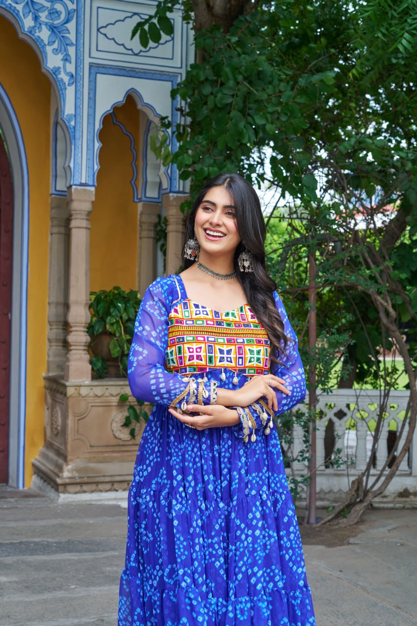 Blue Bandhani Print Work With Kutchi Patchework Navratri Gown