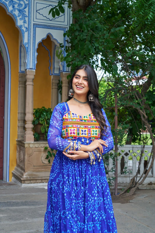 Blue Bandhani Print Work With Kutchi Patchework Navratri Gown