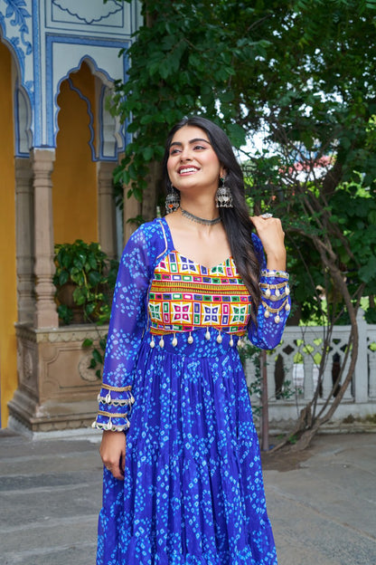 Blue Bandhani Print Work With Kutchi Patchework Navratri Gown