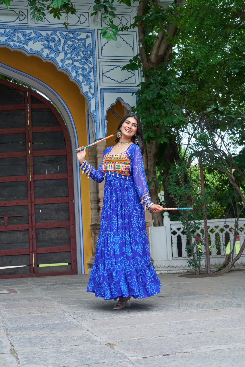 Blue Bandhani Print Work With Kutchi Patchework Navratri Gown
