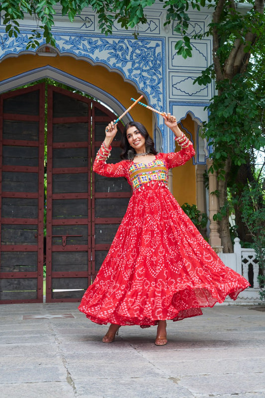 Red Bandhani Print Work With Kutchi Patchework Navratri Gown