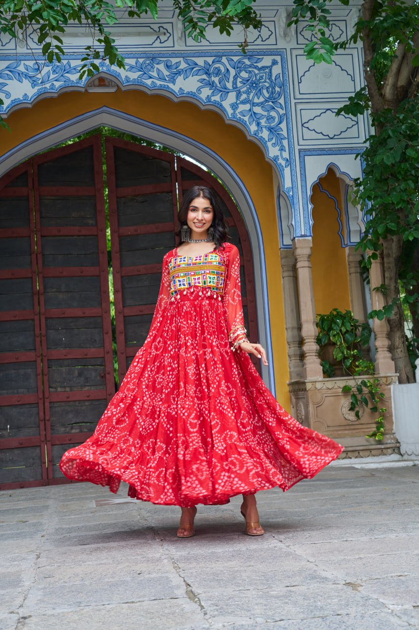 Red Bandhani Print Work With Kutchi Patchework Navratri Gown