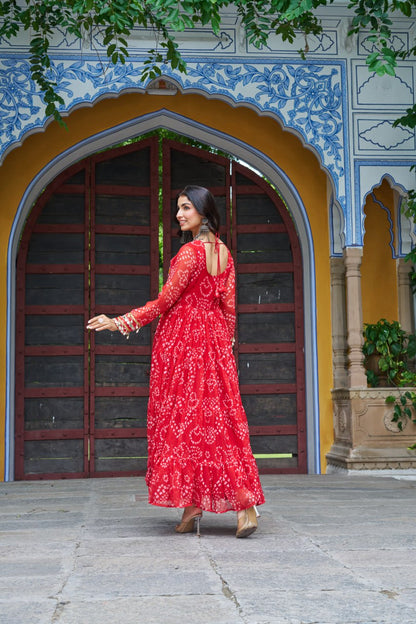Red Bandhani Print Work With Kutchi Patchework Navratri Gown
