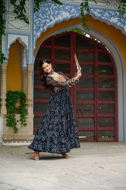 Black Bandhani Print Work With Kutchi Patchework Navratri Gown
