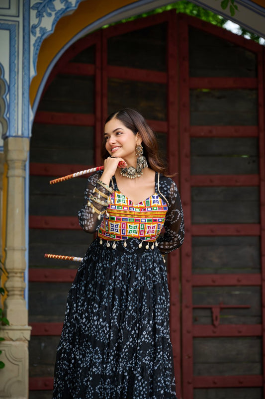 Black Bandhani Print Work With Kutchi Patchework Navratri Gown