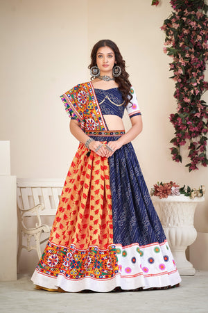 Navy Blue and Orange-Red Cotton Silk Lehenga Choli featuring traditional Bandhani prints, multi-color thread embroidery, and authentic mirror work borders by The Beauty Queen