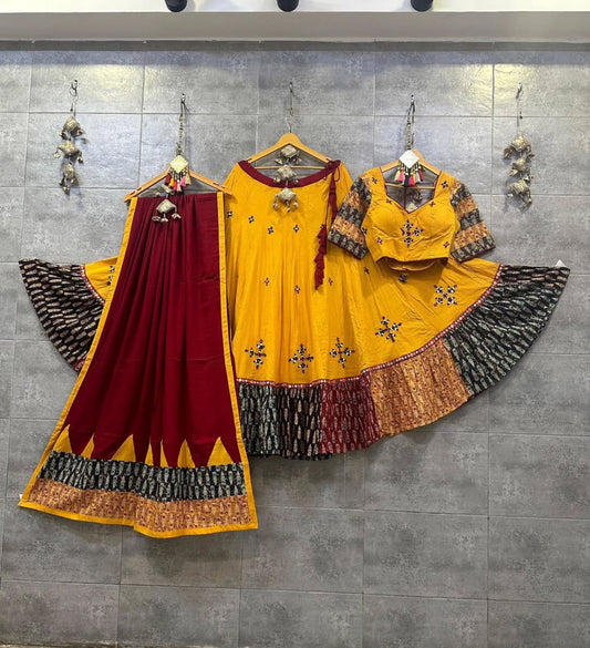 Musterd Digital Print Real Mirror Work Navaratri Lehenga Choli