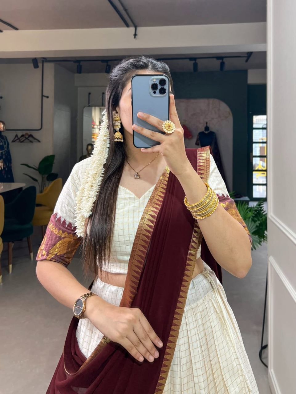 Off-White Poly Cotton Checks With Zari Weaving Elephant Border Half Saree Langa Voni Set