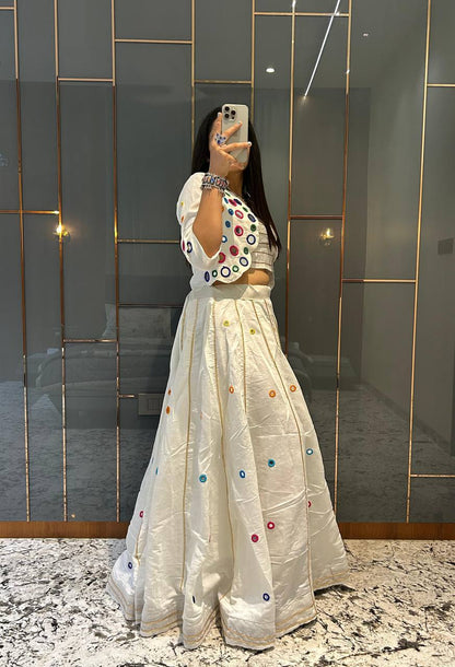 White Pure Cotton Real Mirror With Jari Striped Work Navratri Lehenga Choli
