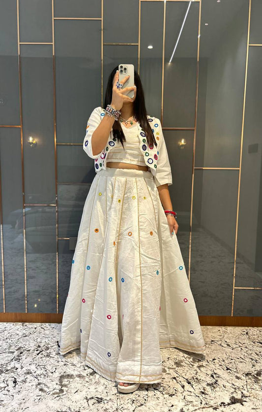 White Pure Cotton Real Mirror With Jari Striped Work Navratri Lehenga Choli