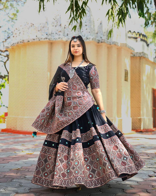 Black Exclusive Printed Real Mirror Work Navaratri Lehenga Choli