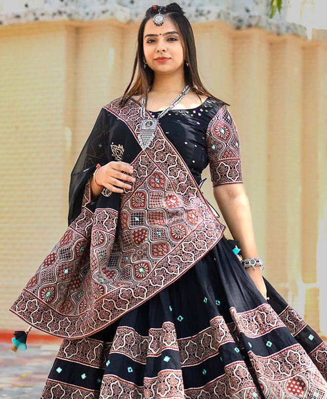 Black Exclusive Printed Real Mirror Work Navaratri Lehenga Choli
