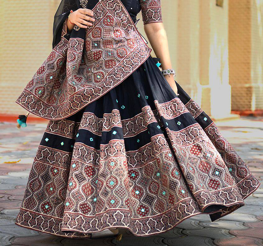 Black Exclusive Printed Real Mirror Work Navaratri Lehenga Choli