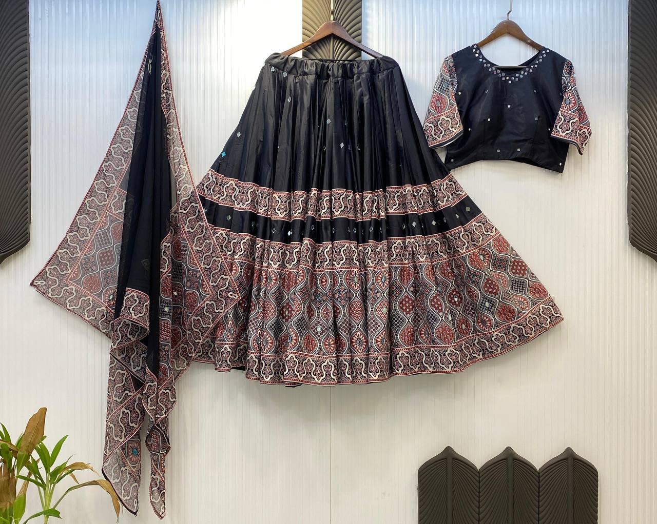 Black Exclusive Printed Real Mirror Work Navaratri Lehenga Choli