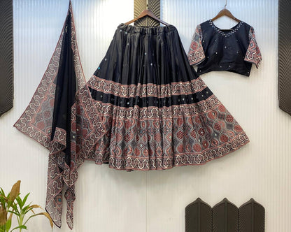 Black Exclusive Printed Real Mirror Work Navaratri Lehenga Choli