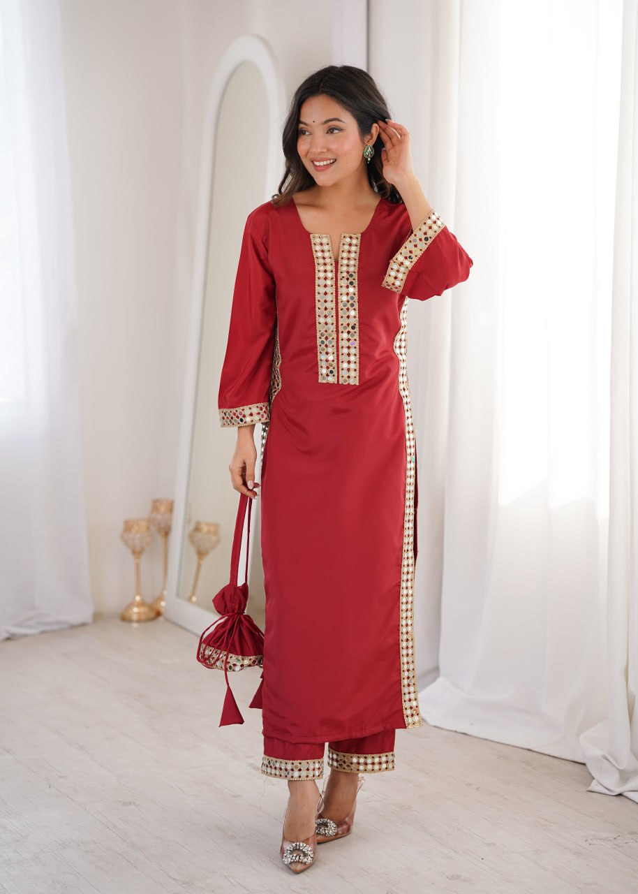 Maroon Natural Crepe With Real Mirror Lace Work Suit