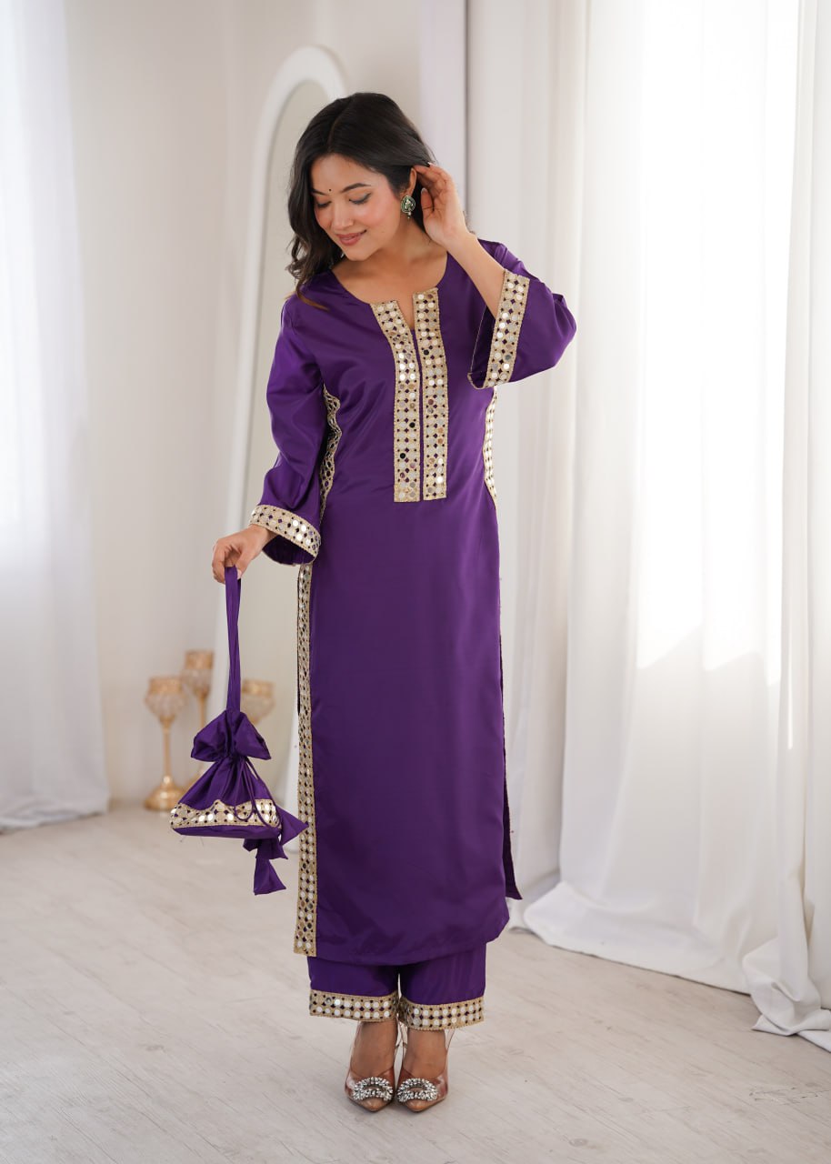 Purple Natural Crepe With Real Mirror Lace Work Suit