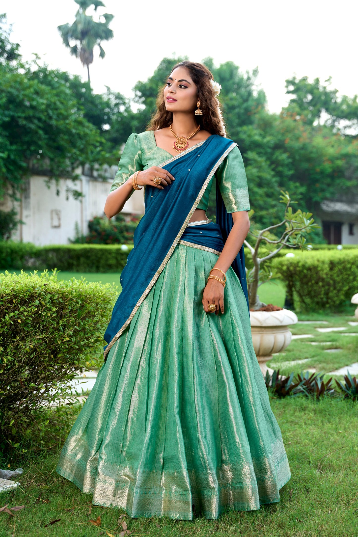 Pista Kanchipuram Zari Weaving Work Stitch With Canvas Lehenga