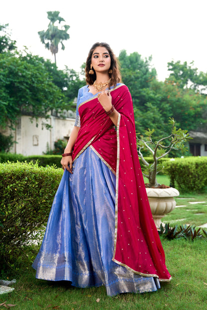 Royal Blue Kanchipuram Zari Weaving Work Stitch With Canvas Lehenga