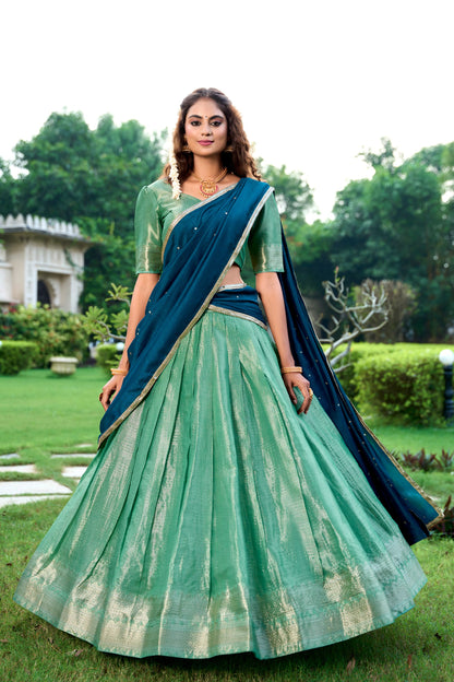 Pista Kanchipuram Zari Weaving Work Stitch With Canvas Lehenga