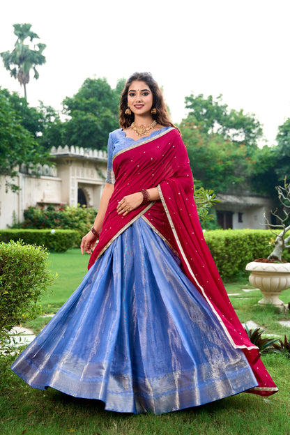 Royal Blue Kanchipuram Zari Weaving Work Stitch With Canvas Lehenga