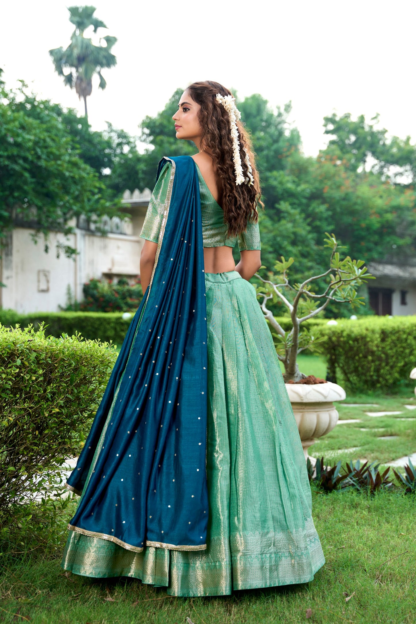 Pista Kanchipuram Zari Weaving Work Stitch With Canvas Lehenga