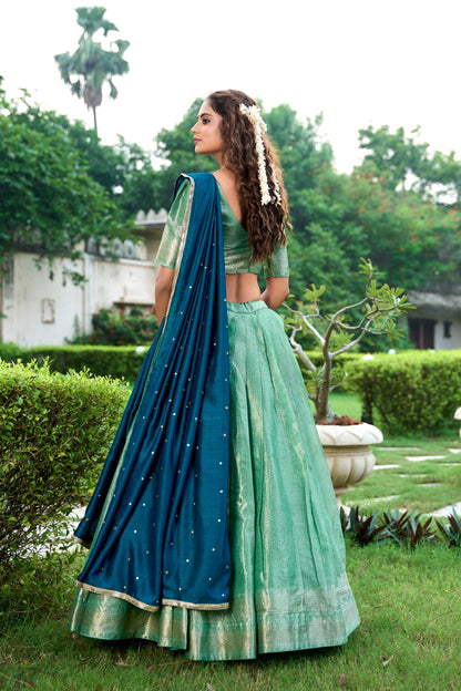 Pista Kanchipuram Zari Weaving Work Stitch With Canvas Lehenga