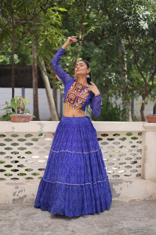 Blue Bandhej Print With Gotta Patti Lace Work Navratri Lehenga Choli