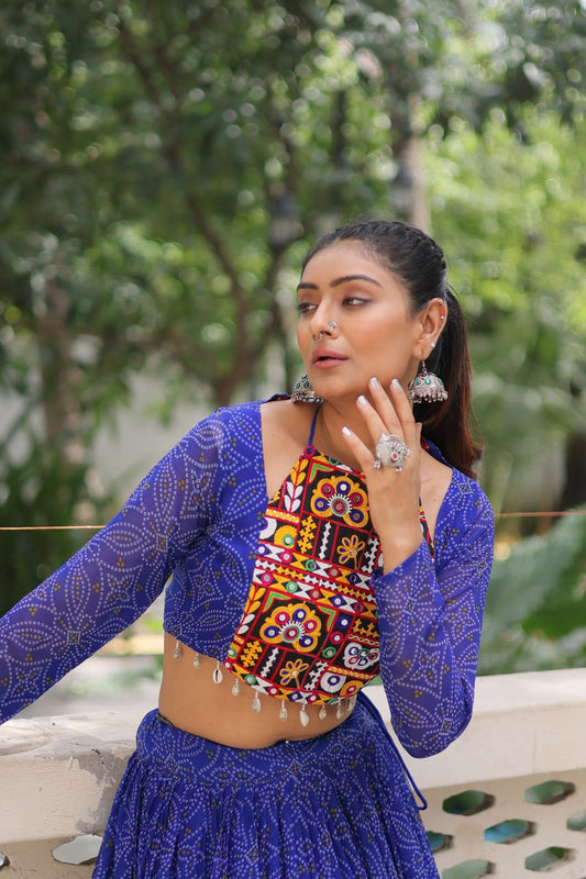 Blue Bandhej Print With Gotta Patti Lace Work Navratri Lehenga Choli