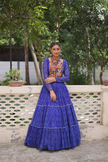 Blue Bandhej Print With Gotta Patti Lace Work Navratri Lehenga Choli