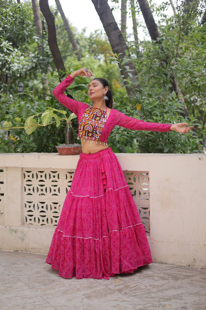 Pink Bandhej Print With Gotta Patti Lace Work Navratri Lehenga Choli