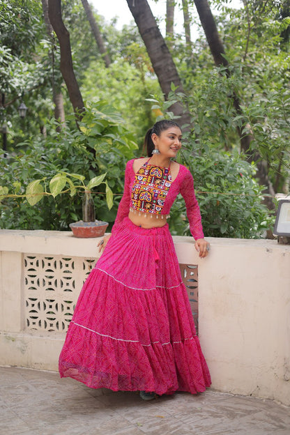 Pink Bandhej Print With Gotta Patti Lace Work Navratri Lehenga Choli