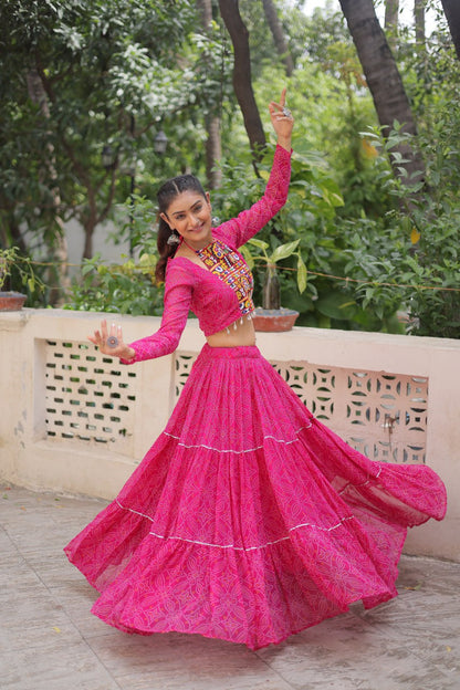 Pink Bandhej Print With Gotta Patti Lace Work Navratri Lehenga Choli