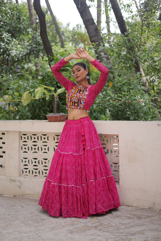 Pink Bandhej Print With Gotta Patti Lace Work Navratri Lehenga Choli