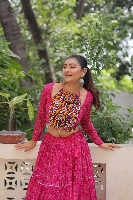 Pink Bandhej Print With Gotta Patti Lace Work Navratri Lehenga Choli