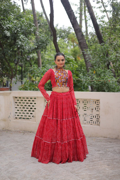 Red Bandhej Print With Gotta Patti Lace Work Navratri Lehenga Choli