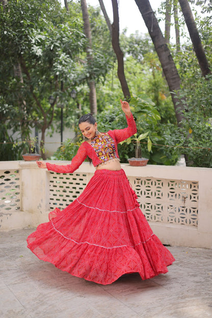 Red Bandhej Print With Gotta Patti Lace Work Navratri Lehenga Choli