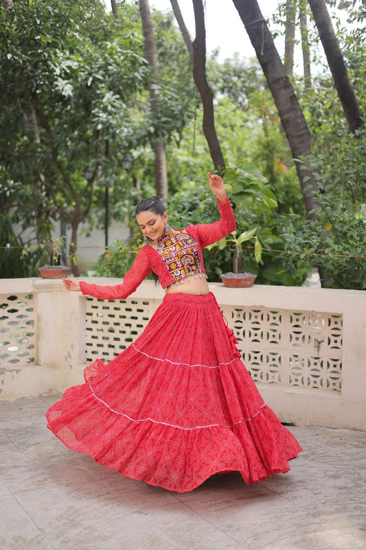 Red Bandhej Print With Gotta Patti Lace Work Navratri Lehenga Choli